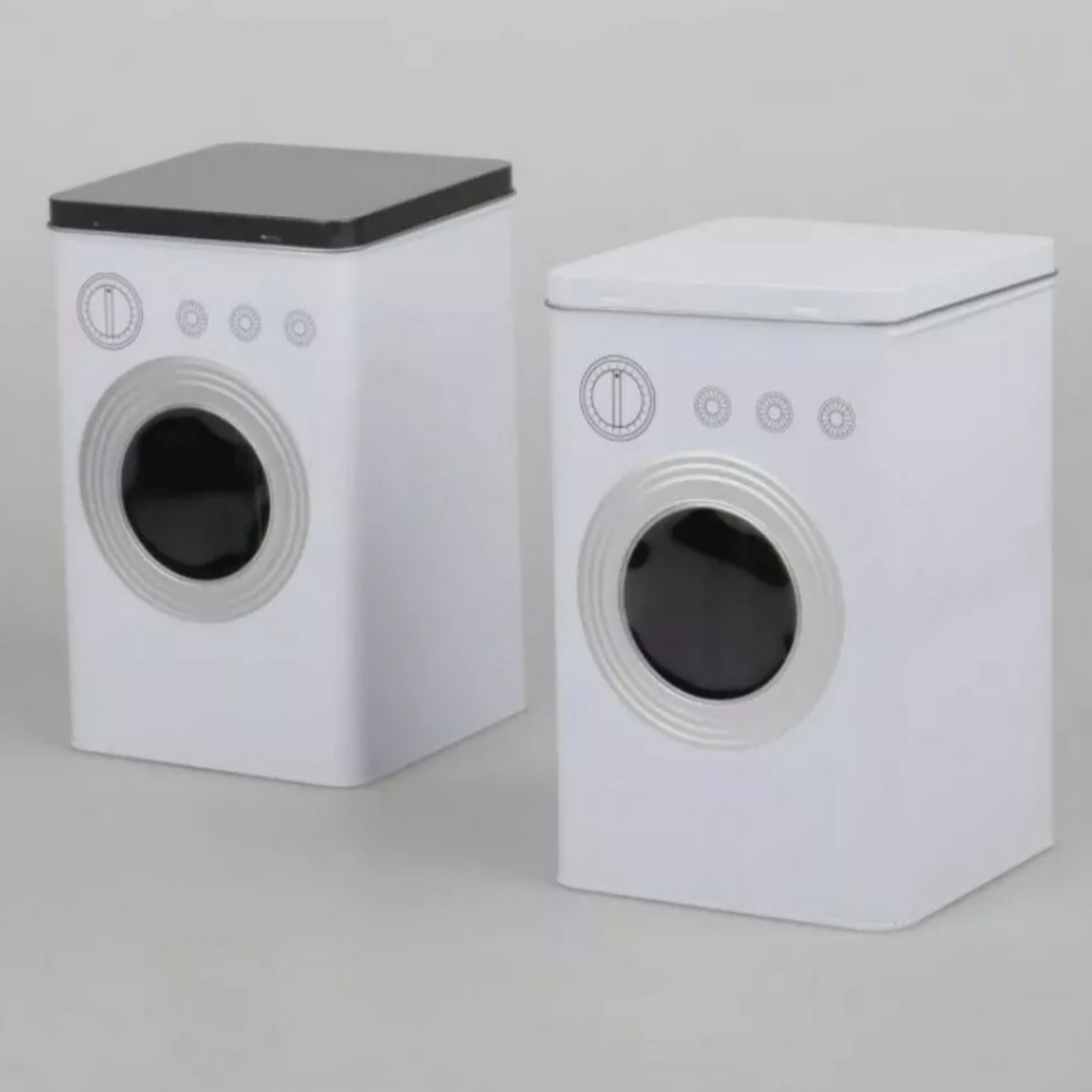 2 White Metal Laundry Washing Machine Tins For Decor Or Pods Storage NEW